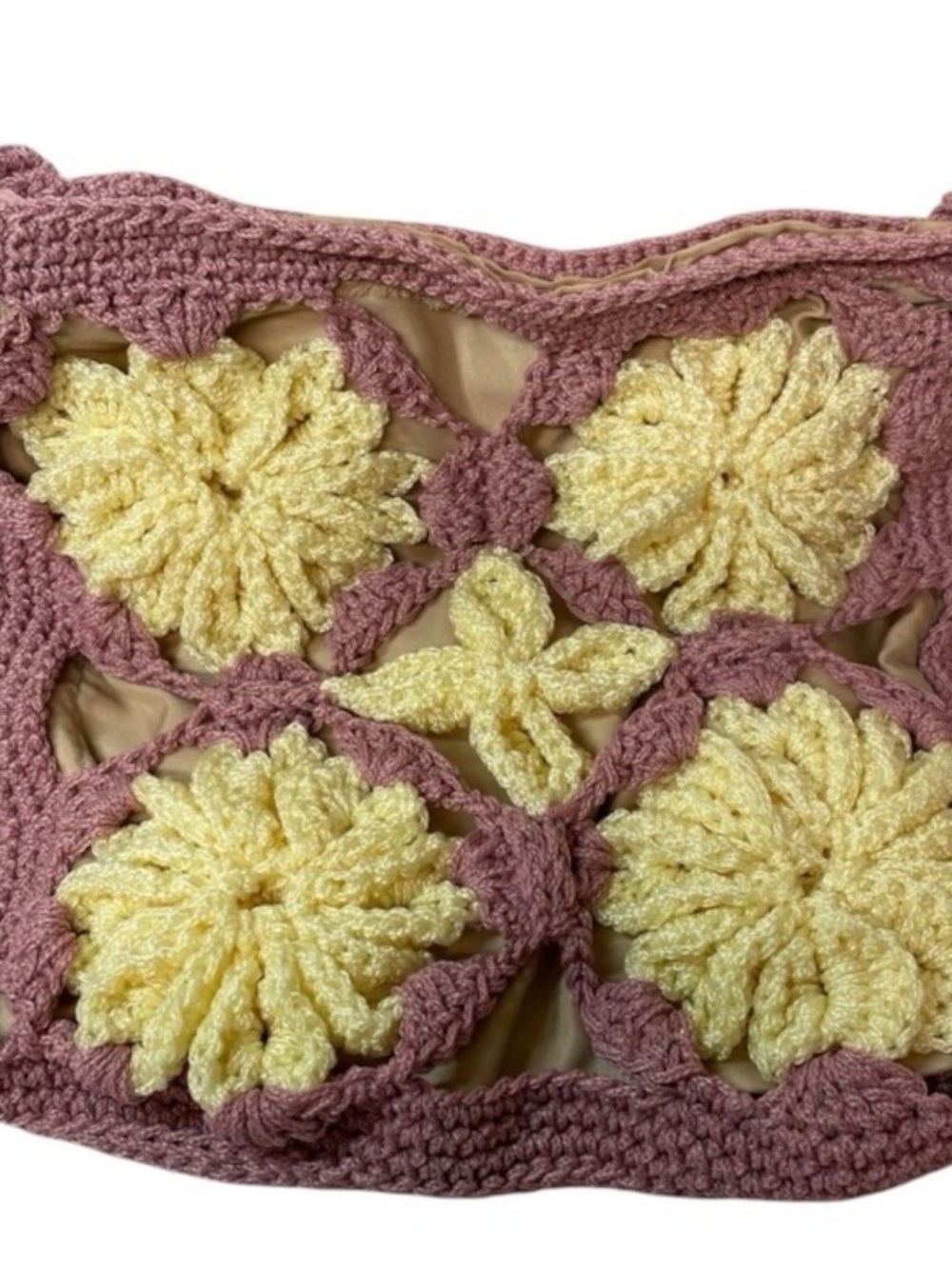 Boho Crochet Floral Granny Square Crossbody Bag Pink Yellow Lined Zipper Slouchy